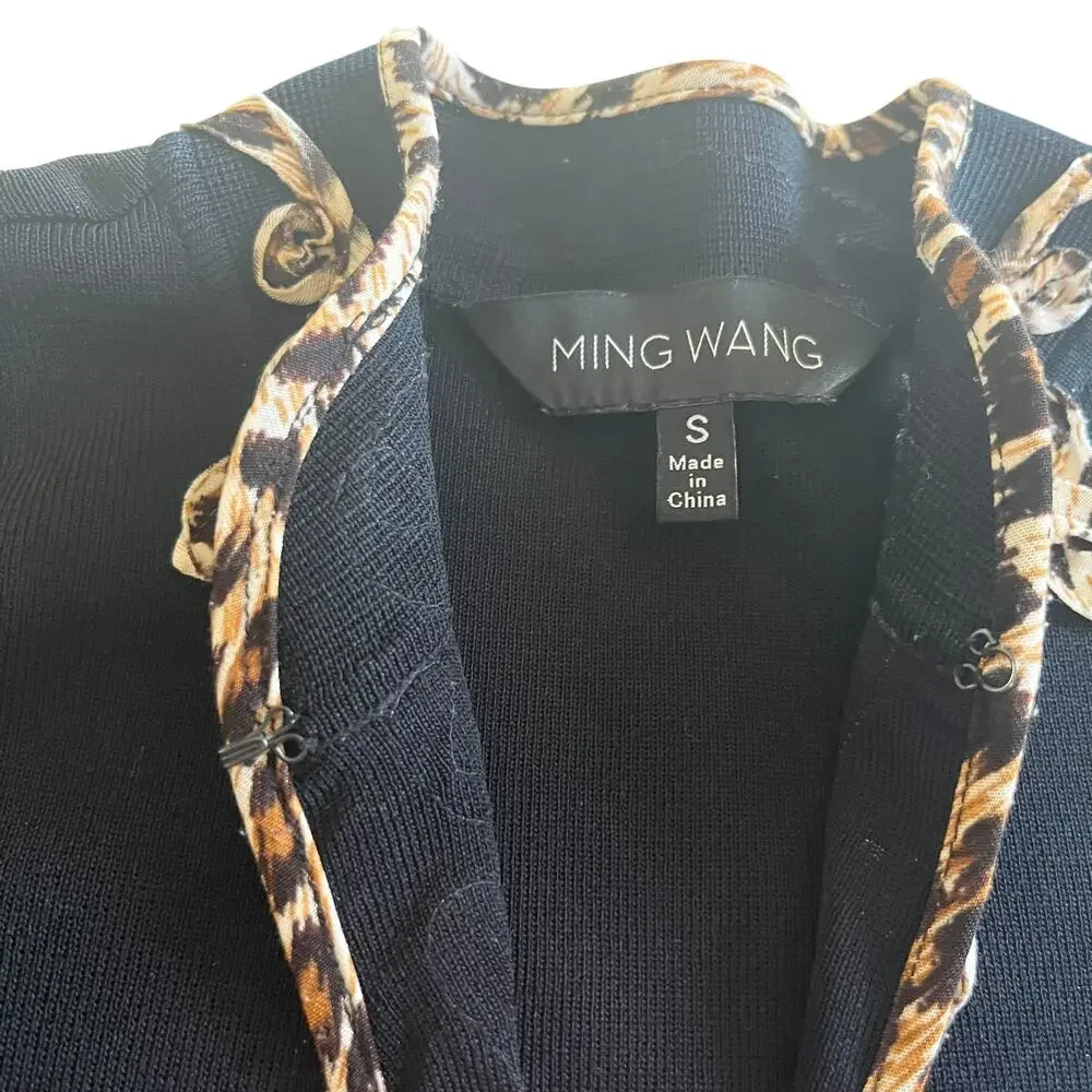 Ming Wang Black Leopard Print Embellished Cardigan Sweater Jacket Size Small